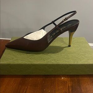 Gucci Women's Brown Leather Heels with Gold Accents